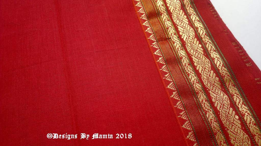 Tomato Red Ilkal Sari Fabric By The Yard | Designer Fabrics Of India