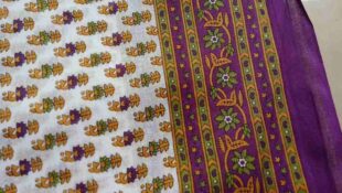 White Purple Printed Sari Fabric